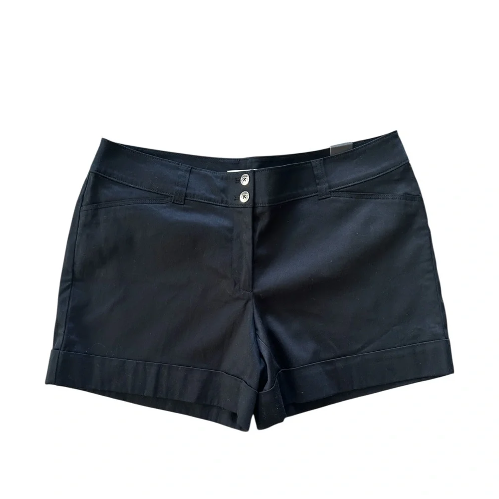 WHITE HOUSE BLACK MARKET Black 5” Tailored Cotton Cuffed Shorts Sz 12 Lg NWT - Picture 1 of 6